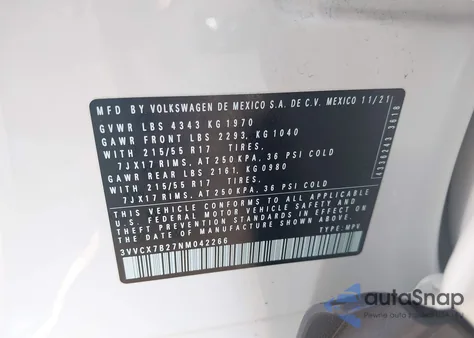 2022 Volkswagen Taos 1.5T S из США, поврежденный, VIN 3VVCX7B27NM042266